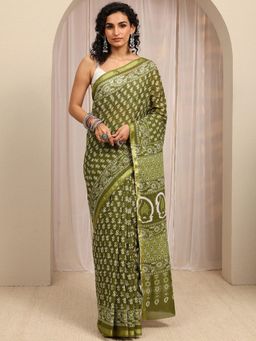 Libas - Green Ethnic Motif Printed & Zari Woven Design Border Saree With Unstitched Blouse