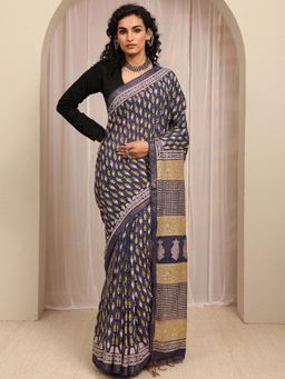 Libas - Blue Ethnic Motif Printed & Zari Woven Design Border Saree With Unstitched Blouse