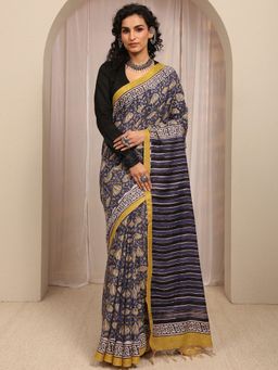Libas - Blue Floral Printed & Zari Woven Design Border Saree With Unstitched Blouse