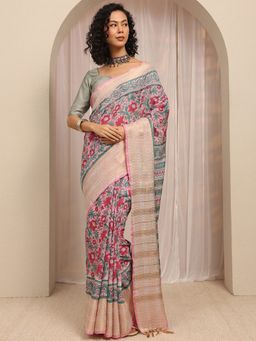 Libas - Pink Floral Printed & Zari Woven Design Border Saree With Unstitched Blouse
