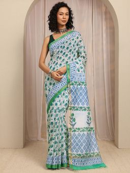 Libas - White Floral Printed & Zari Woven Design Border Saree With Unstitched Blouse