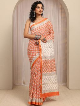 Libas - Orange Floral Printed & Zari Woven Design Border Saree With Unstitched Blouse