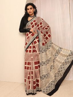 Libas - Beige Geometric Printed Saree With Unstitched Blouse