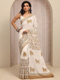 Libas - White Ethnic Motif Printed Saree With Unstitched Blouse