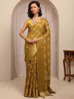 Libas - Mustard Floral Printed With Zari Woven Design Border Saree With Unstitched Blouse