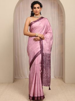 Libas - Purple Floral Printed With Woven Design Border Saree With Unstitched Blouse