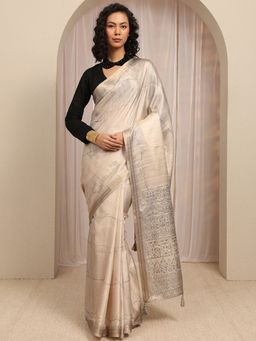 Libas - Off White Floral Printed With Woven Design Border Saree With Unstitched Blouse