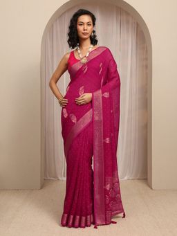 Libas - Pink Floral Zari Woven Design Border Saree With Unstitched Blouse