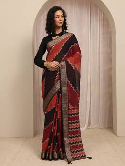 Libas - Brown Floral Woven Design Border Saree With Unstitched Blouse