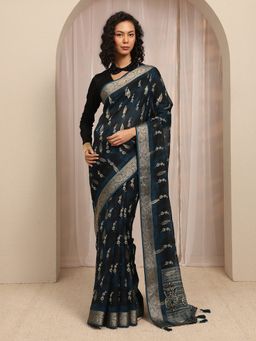 Libas - Navy Floral Printed With Zari Woven Design Border Saree With Unstitched Blouse