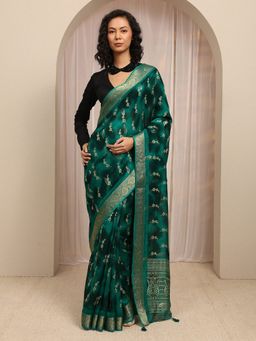 Libas - Green Floral Printed With Zari Woven Design Border Saree With Unstitched Blouse