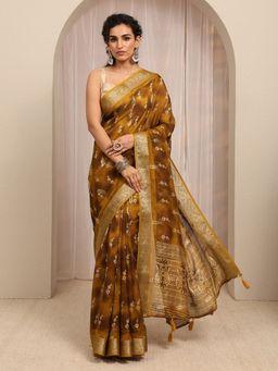 Libas - Mustard Floral Printed With Zari Woven Design Border Saree With Unstitched Blouse