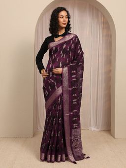 Libas - Burgundy Floral Printed With Zari Woven Design Border Saree With Unstitched Blouse