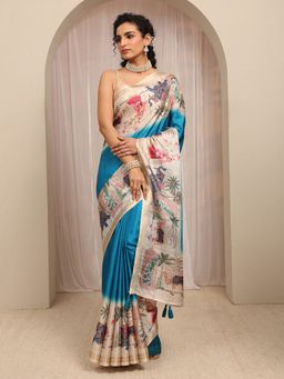 Libas - Blue Ethnic Motif Printed Saree With Unstitched Blouse