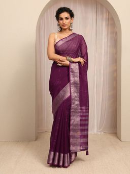Libas - Burgundy Floral Zari Woven Design Border Saree With Unstitched Blouse