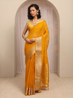 Libas - Mustard Floral Zari Woven Design Border Saree With Unstitched Blouse