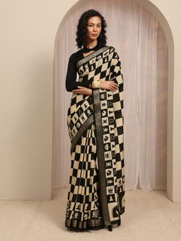 Libas - Black Checks Printed With Zari Woven Design Border Saree With Unstitched Blouse