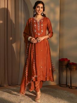 Libas - Orange Ethnic Motif Embroidered A-Line Kurta With Pant & Dupatta