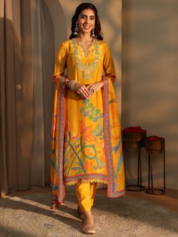 Libas - Mustard Floral Printed Straight Kurta With Pant & Dupatta