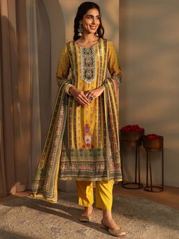Libas - Mustard Ethnic Motif Printed Straight Kurta With Pant & Dupatta