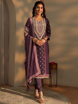 Libas - Burgundy Ethnic Motif Printed Straight Kurta With Pant & Dupatta