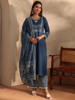 Libas - Blue Ethnic Motif Yoke Embroidered Straight Kurta With Pant & Dupatta