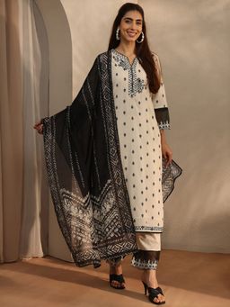 Libas - Off White Floral Woven Design Straight Kurta With Pant & Dupatta