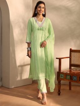 Libas - Green Dobby Embroidery Straight Kurta With Pant & Dupatta