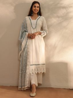Libas - White Jacquard Panelled Straight Kurta With Pant & Dupatta
