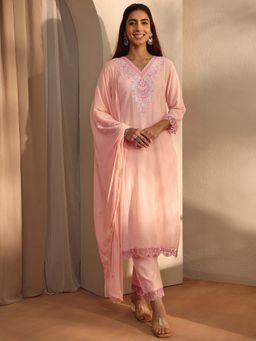Libas - Peach Dobby Embroidered Straight Kurta With Pant & Dupatta