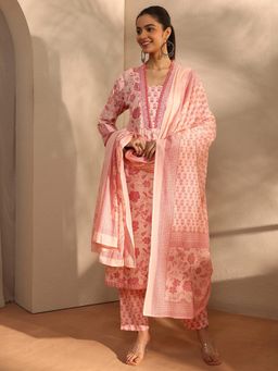 Libas - Peach Floral Printed Straight Kurta With Pant & Dupatta