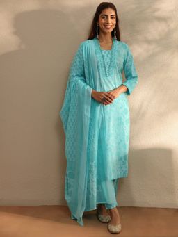 Libas - Blue Floral Printed Straight Kurta With Pant & Dupatta