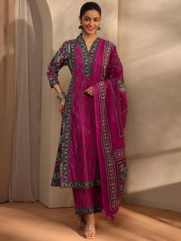 Libas - Pink Floral Printed A-Line Kurta With Pant & Dupatta