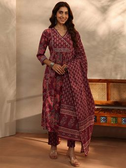 Libas - Maroon Floral Printed A-Line Kurta With Pant & Dupatta