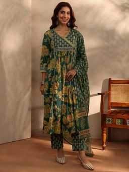 Libas - Green Floral Printed A-Line Kurta With Pant & Dupatta