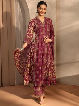 Libas - Maroon Ethnic Motif Printed A-Line Kurta With Pant & Dupatta