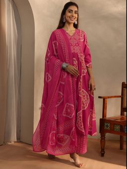Libas - Pink Bandhani Printed A-Line Kurta With Pant & Dupatta