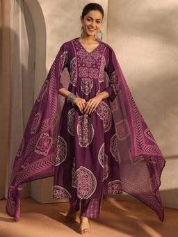 Libas - Burgundy Bandhani Printed A-Line Kurta With Pant & Dupatta
