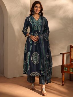 Libas - Blue Bandhani Printed A-Line Kurta With Pant & Dupatta