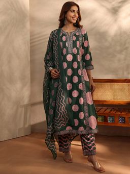 Libas - Green Bandhani Printed A-Line Kurta With Pant & Dupatta