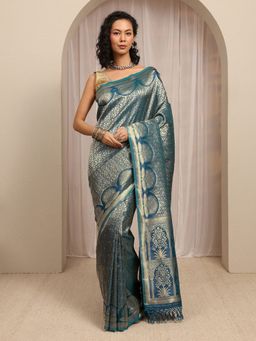 Libas - Teal Floral Woven Saree With Unstitched Blouse