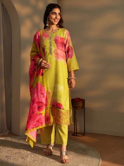 Libas - Mustard Floral Printed Straight Kurta With Pant & Dupatta