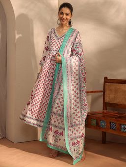Libas - White Floral Printed Anarkali Kurta With Pant & Dupatta