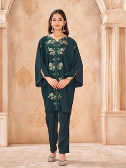 Tikhi Imli - Bottle Green Color Crepe With Multi Thread Work Over Size Co-Ord Set