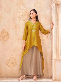 Tikhi Imli - Mustard Color Silk Blend With Zari Work Embroidered Asymmetric Kurti With Palazzo