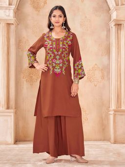 Tikhi Imli - Rust Color Rayon With Colorful Thread Co-Ord Set