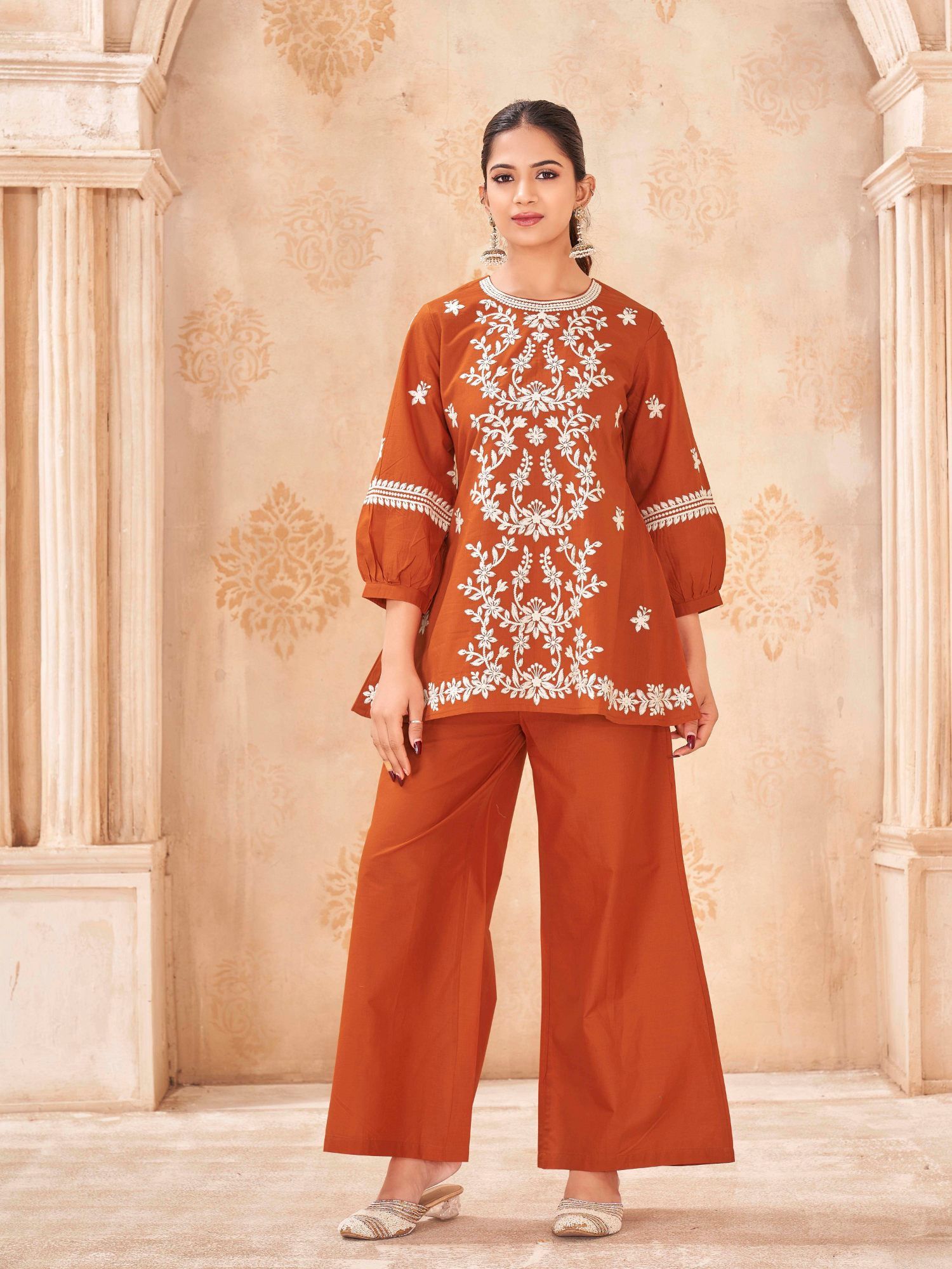 tikhi imli Rust Color Pure Cotton With White Thread Co-Ord Set-picture-42