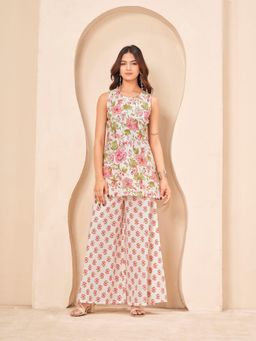 Tikhi Imli - Sleeveless Off White Color Jaipuri Printed Incut Style Co-Ord Set