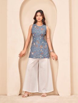 Tikhi Imli - Sleeveless Grey Color Jaipuri Printed Incut Style Kurti With Palazzo