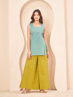 Tikhi Imli - Sleeveless Sea Green Color Jaipuri Printed Kurti With Palazzo